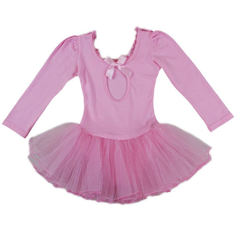 Girls Pink Lace Trim Bows Long Sleeve Ballet Dress S (9-24M)-XL (6-8) - SophiasStyle.com